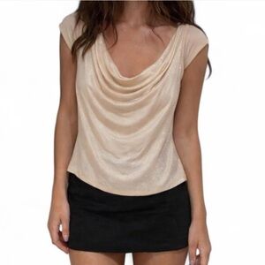 Y2K Beige Sparkly Cowl Neck Top